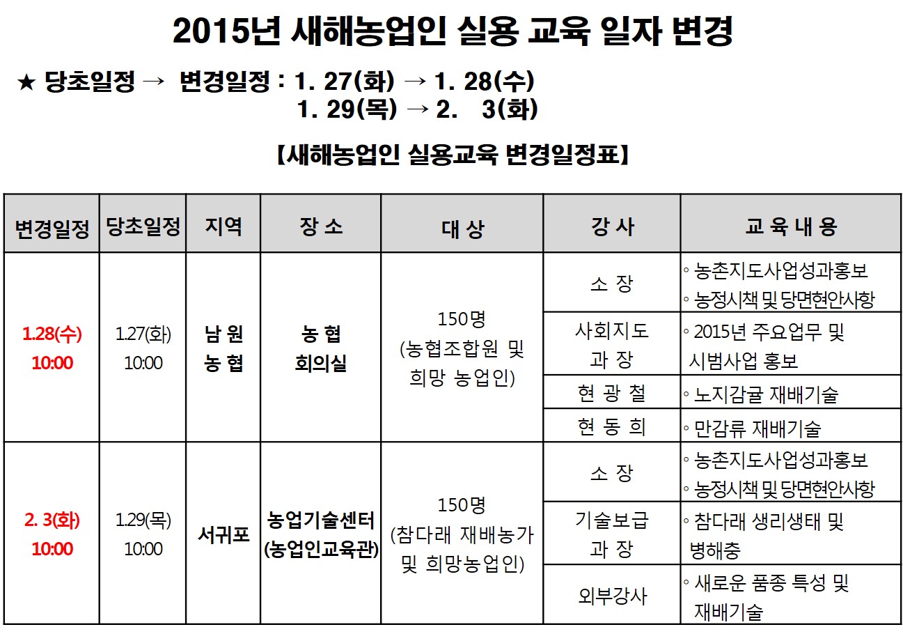 새해농업인 실용교육 일자 변경 안내